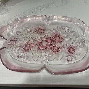 Vintage Mikasa Rosella Walther Crystal Pink Rose Floral Glass Platter Like New